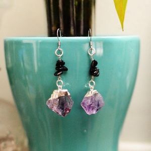 Amethyst Point And Obsidian Dangle Earrings